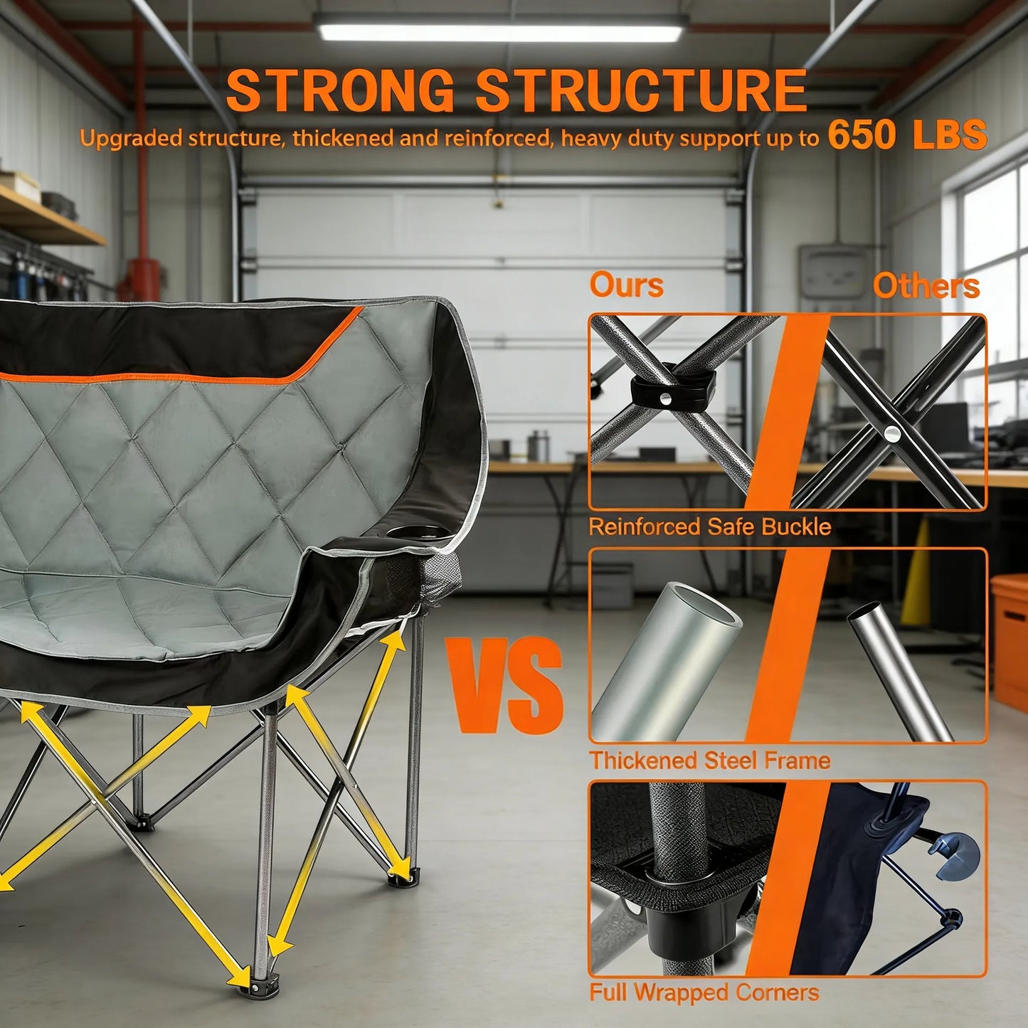 Fully Padded Double Folding Camp Chair, 650 lb Capacity