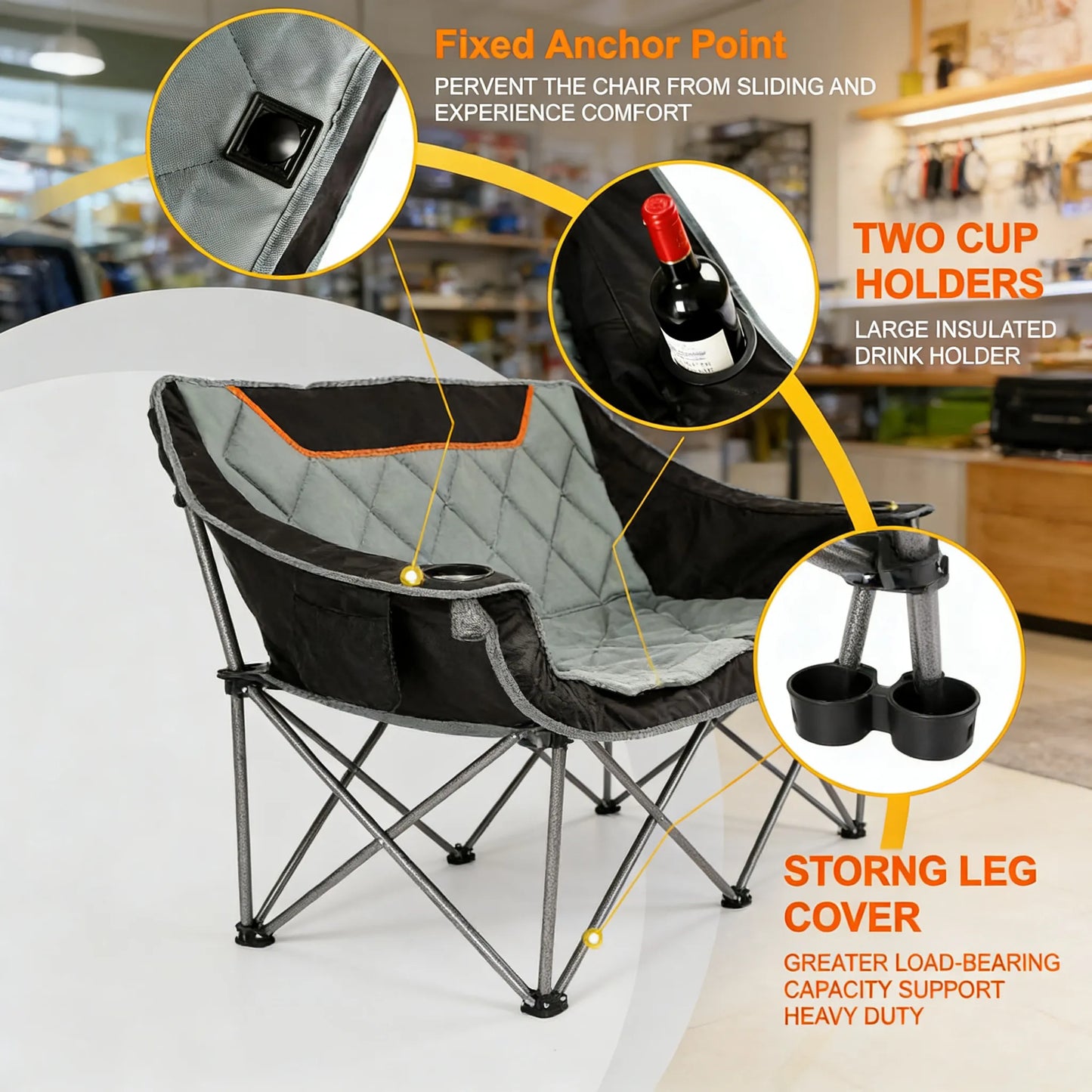 Fully Padded Double Folding Camp Chair, 650 lb Capacity